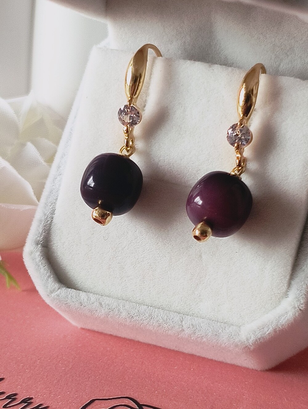 White Roses & Sherry 'Glossy Grape' 18k Gold Plated 925 Silver Earrings